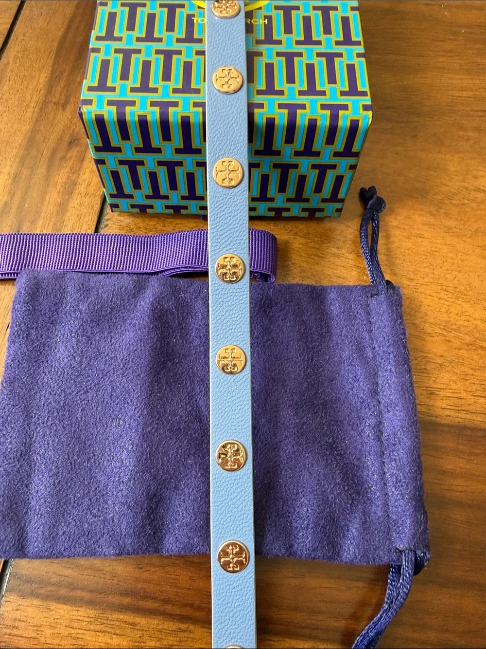 Tory Burch Reversible Double Wrap Leather Logo Stud Bracelet Orange Blue w/ Box